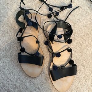 Loeffler Randall Black Lace Up Sandals with navy and black pom poms